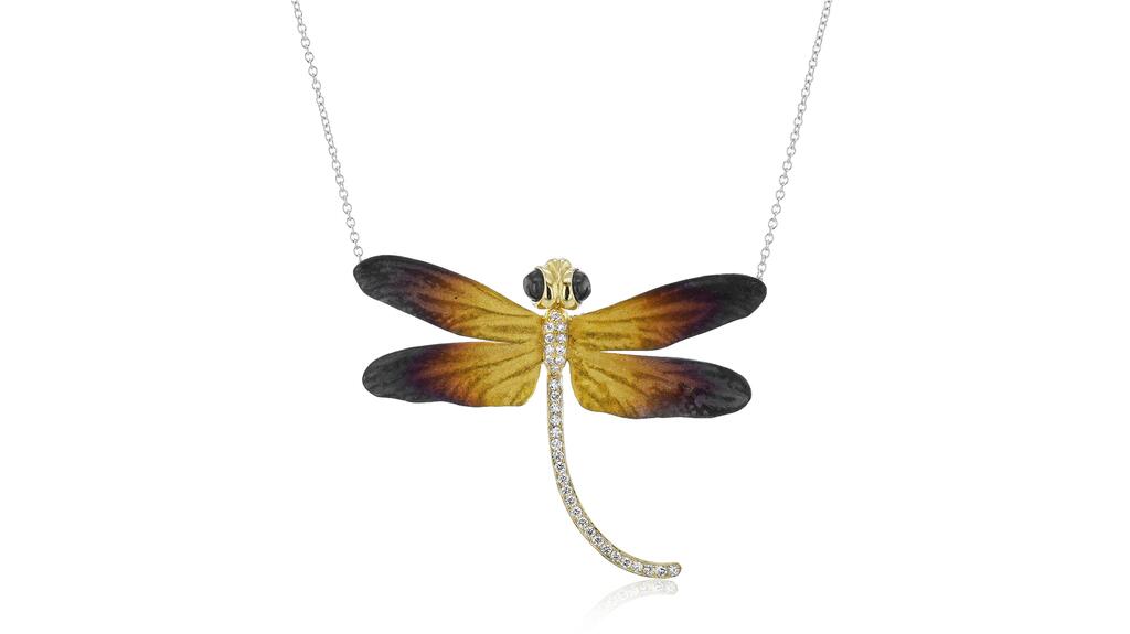 An 18-karat black and yellow gold dragonfly pendant ($3,170) Simon G. dragonfly pendant